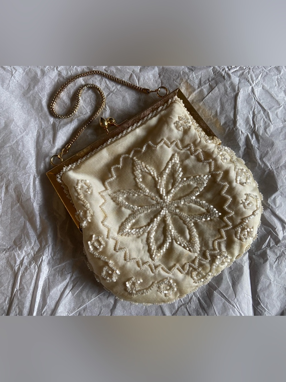 Vintage Ivory and Gold Beaded Clutch Bag